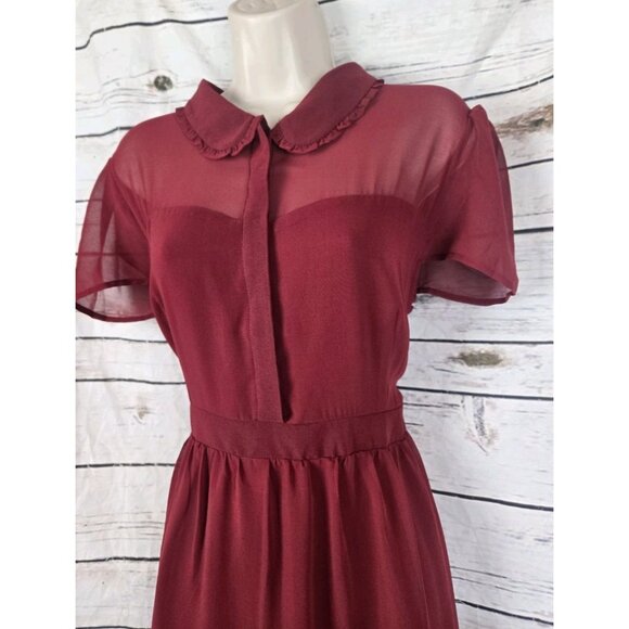 Modcloth Burgundy Sheer Chiffon Dress XL NEW Ruffle Fit & Flare Collared - Picture 3 of 8